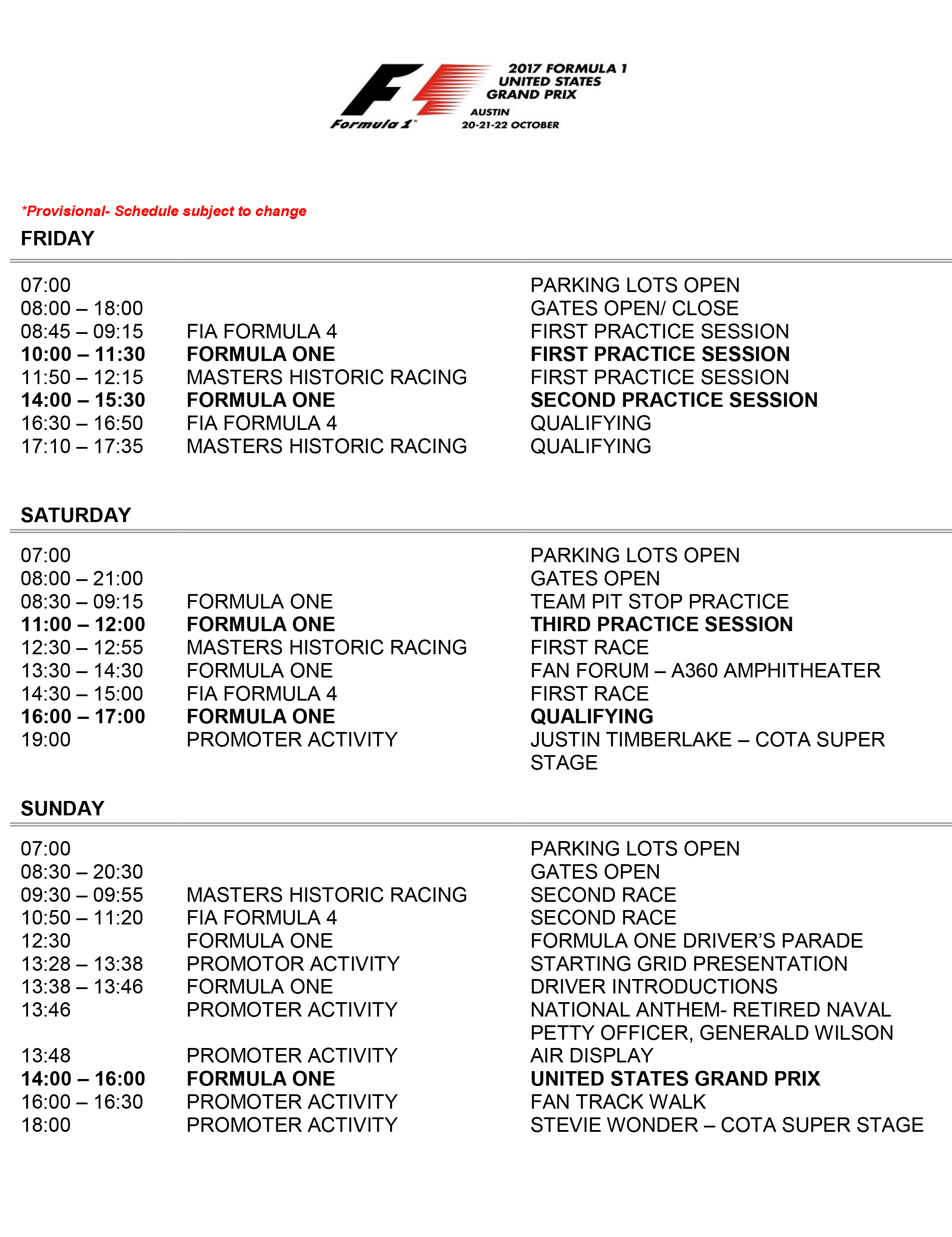 Formula 1 Schedule Formula 1 Austin Timetable Espn's tv schedule